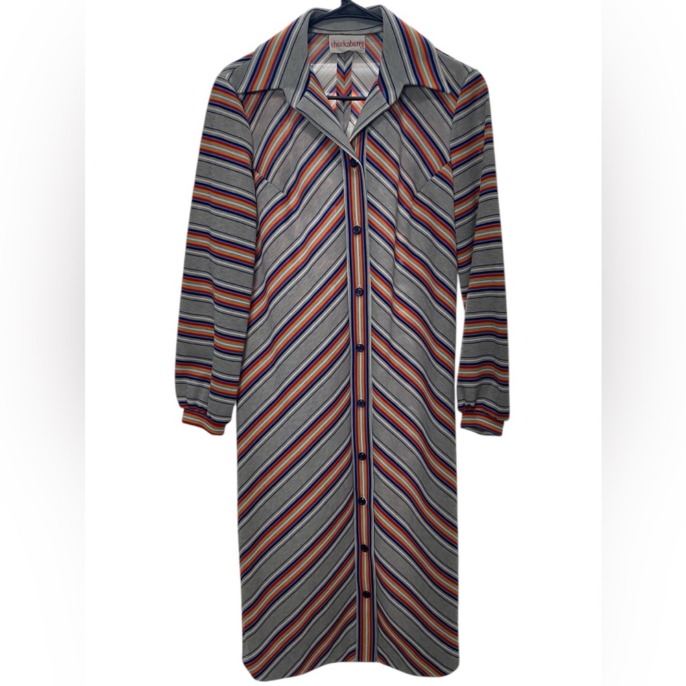 Vintage 60s & 70s Checkaberry Striped Multicolor Long Sleeve Dagger Collar Dress
